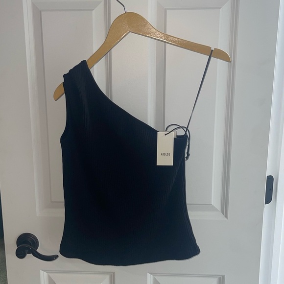 NEW AGOLDE NESSA TANK BLACK ONE SHOULDER RIBBED KNIT BODYCON {$128} LARGE - Picture 2 of 11
